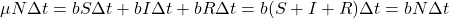 Rendered by QuickLaTeX.com \mu N \Delta t = bS\Delta t + bI\Delta t + bR\Delta t = b(S + I + R)\Delta t = bN \Delta t