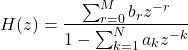 Rendered by QuickLaTeX.com \begin{equation*} H(z)=\frac{\sum_{r=0}^{M} b_r z^{-r}}{1-\sum_{k=1}^{N} a_k z^{-k}} \end{equation*}