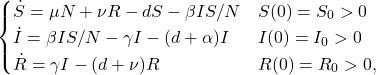 Rendered by QuickLaTeX.com \begin{equation*} \begin{cases} \dot{S} = \mu N+\nu R-dS-\beta IS/N &S(0)=S_0>0 \\ \dot{I} = \beta IS/N - \gamma I-(d+\alpha)I &I(0)=I_0>0\ \\ \dot{R} = \gamma I - (d+\nu)R &R(0)=R_0>0, \end{cases} \end{equation*}